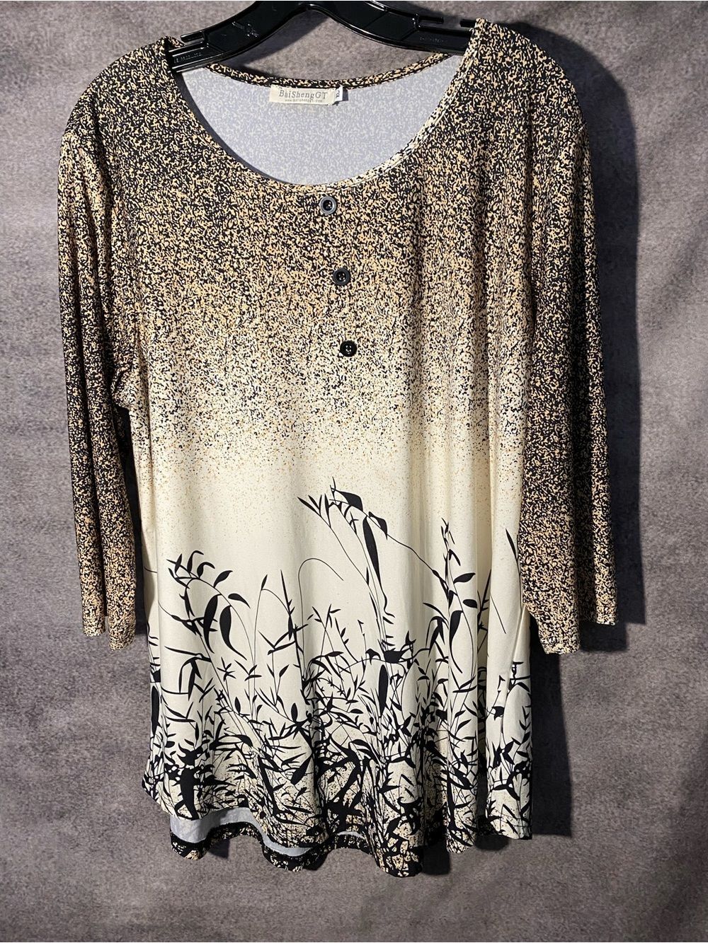 BaiShengGT Women XL Ombre Botanical Print Henley Tunic Top 3/4 Sleeve
